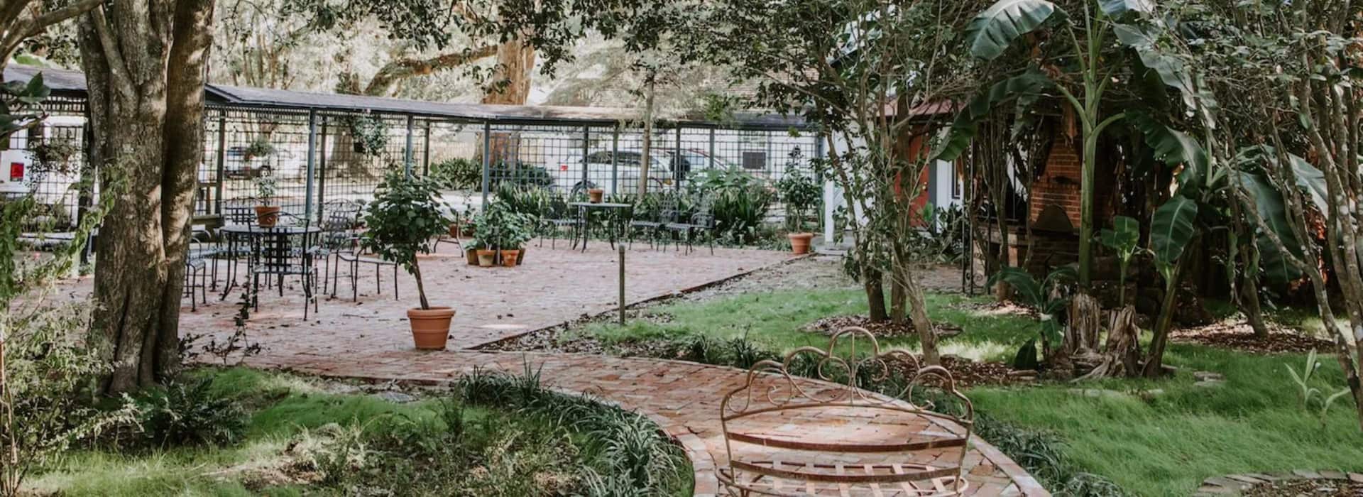 A tranquil outdoor space with landscaped greenery, pathways, and seating arrangements.