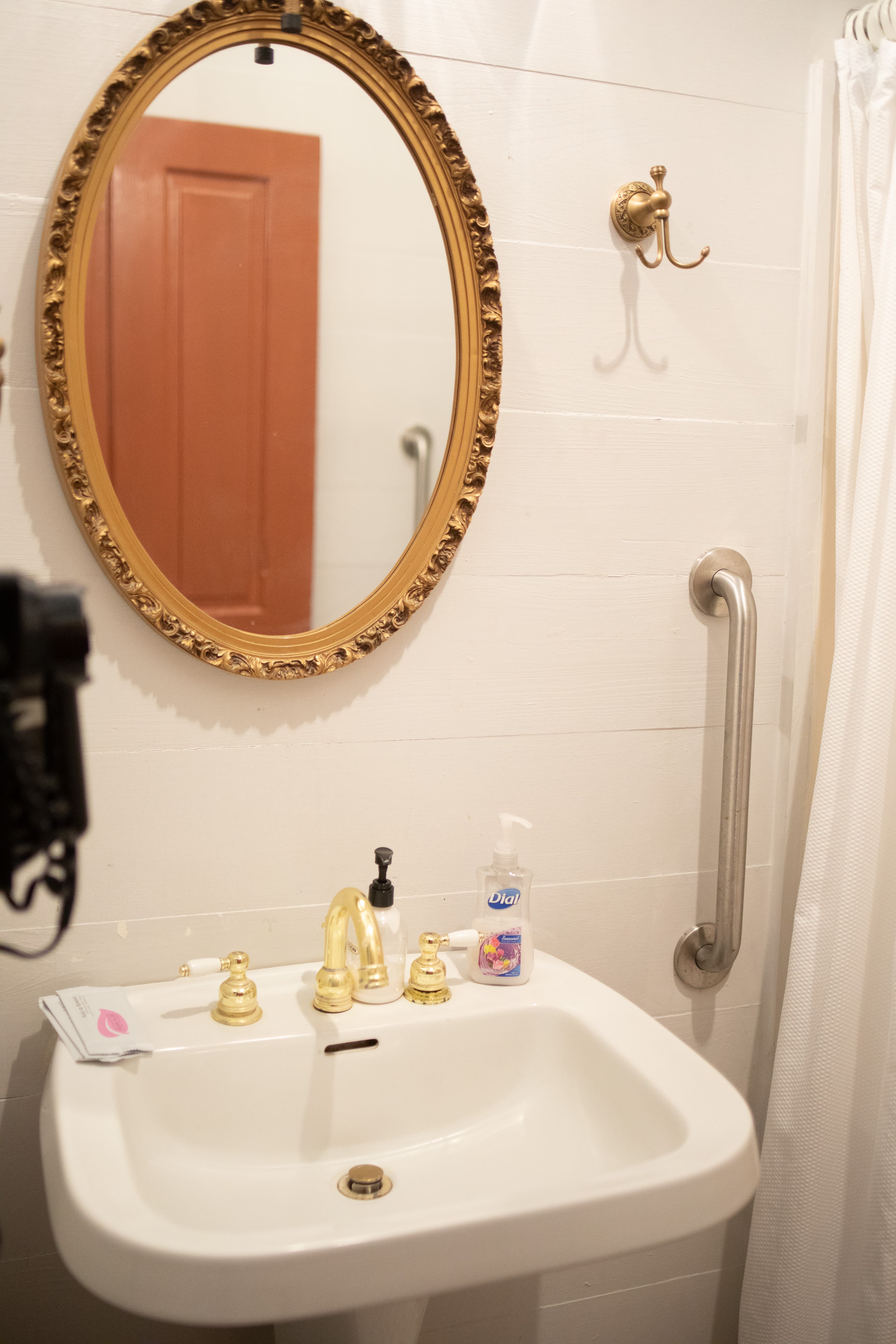 A bathroom sink with a gold-framed mirror, hand soap, and a towel hook beside a shower curtain.