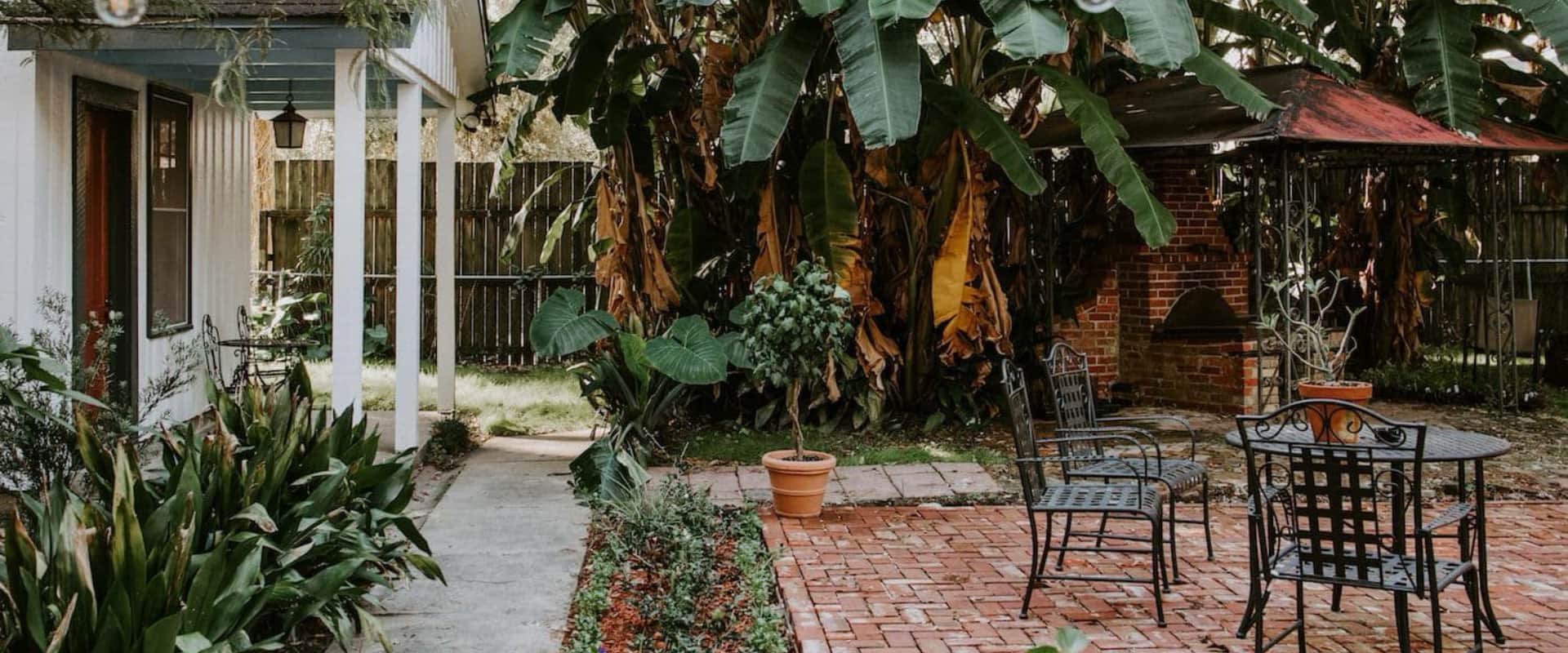 A cozy backyard patio surrounded by tropical plants and banana trees.