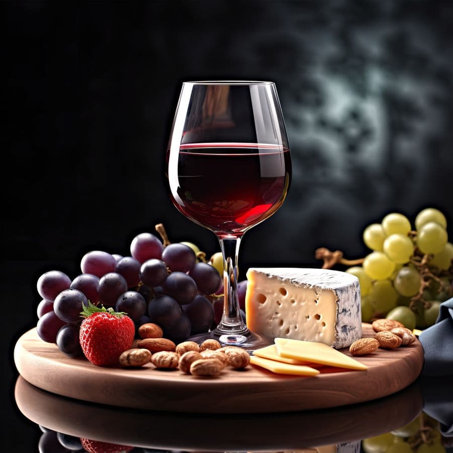 A glass of red wine accompanied by grapes, strawberries, cheese, and almonds on a wooden platter.